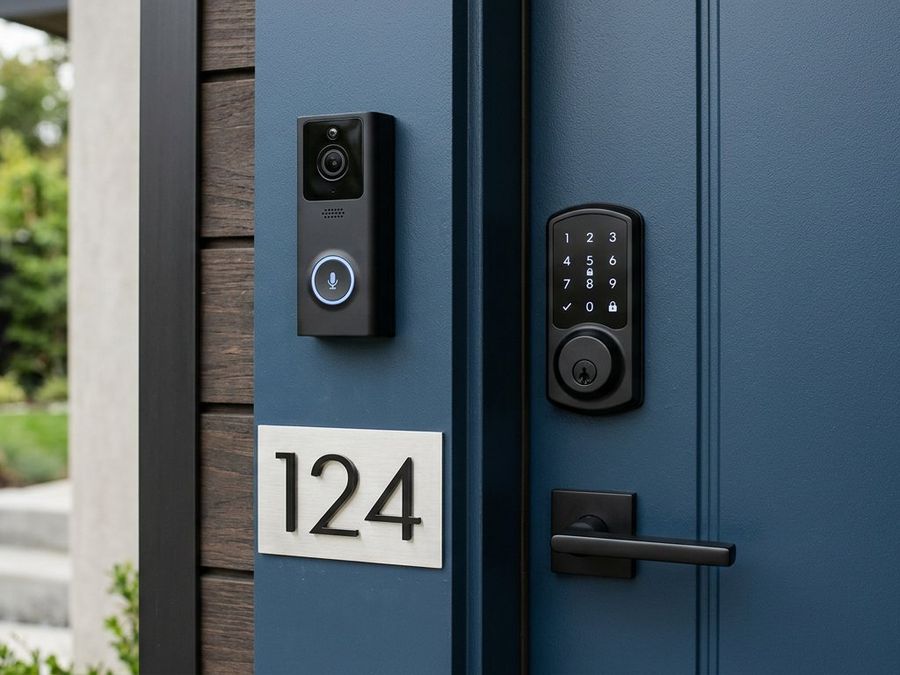 Smart video doorbell and keypad lock on a modern front door
