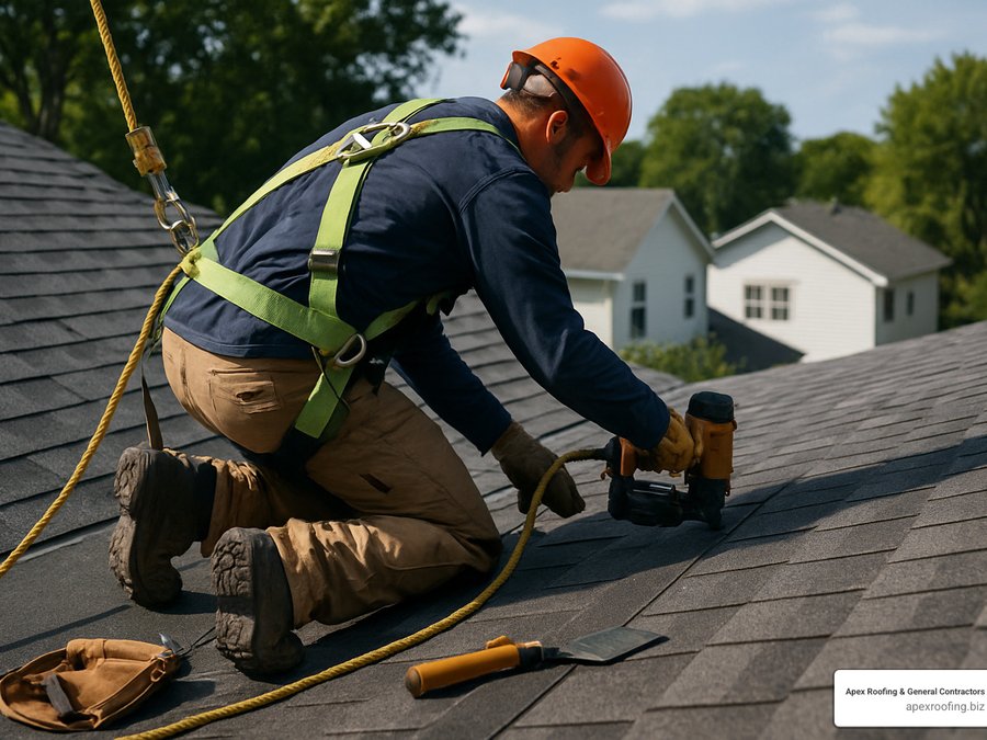Roofing professional installing new architectural shingles